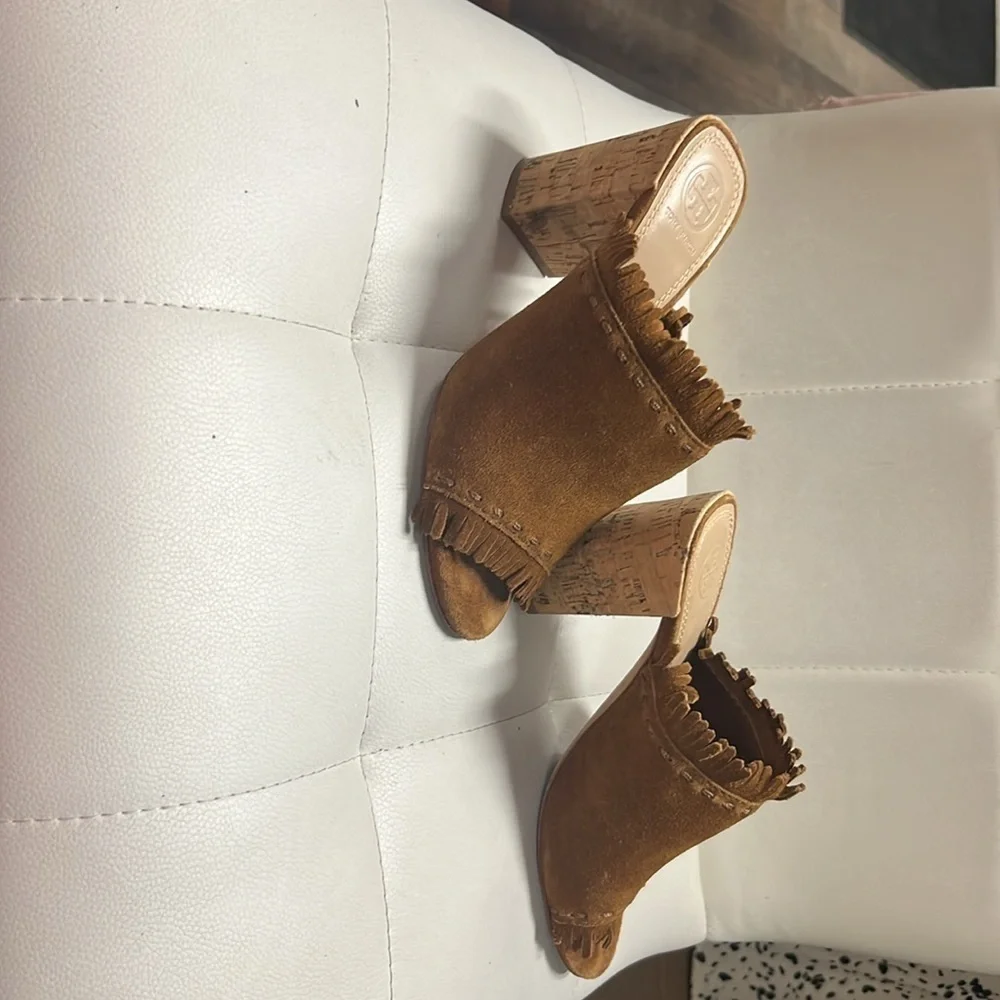 Tory Burch Huntington Sandals Womens 6 Brown Fringed Suede Cork Block Heel
